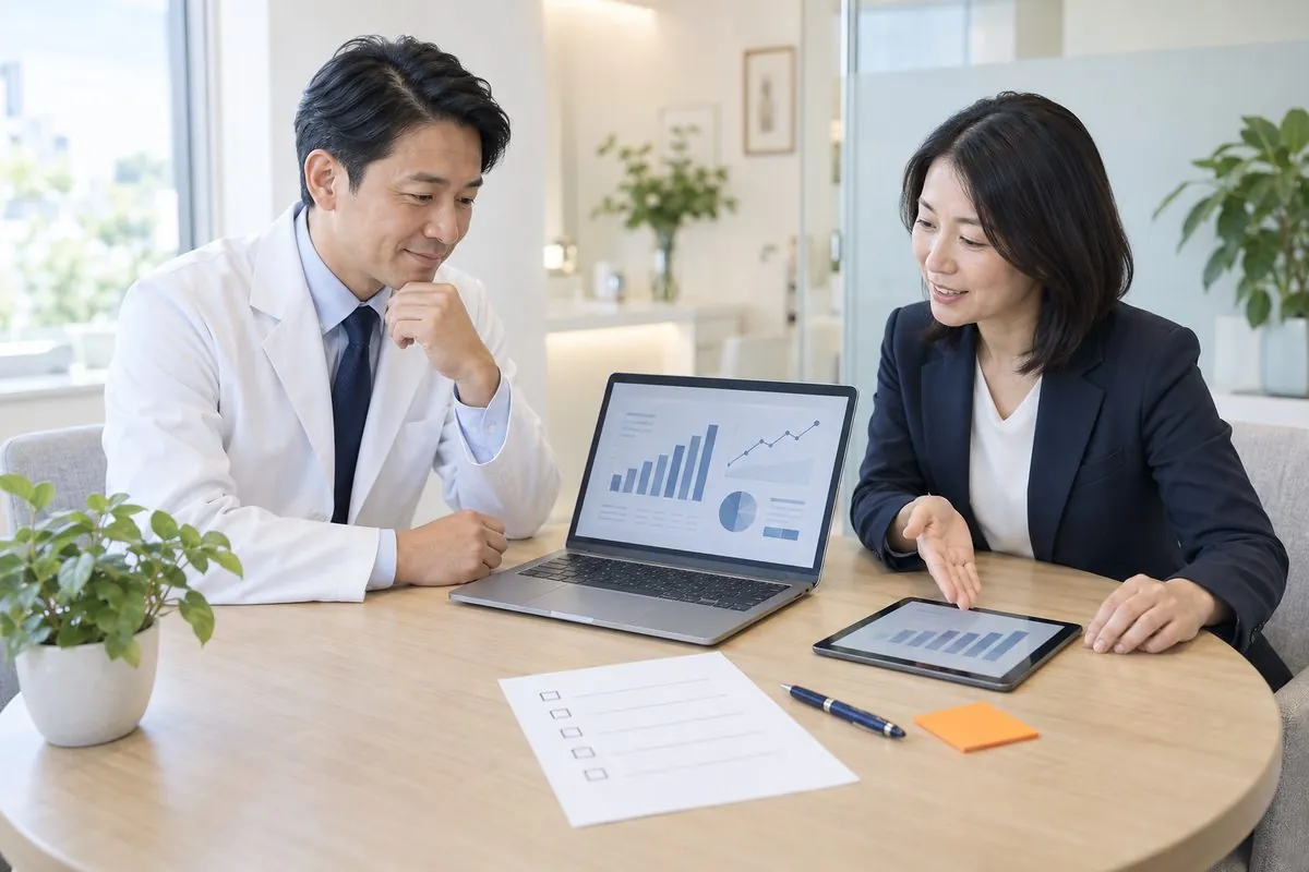 白衣の院長とMPHの担当者が、ノートPCとタブレットのデータを見ながら打ち合わせをしている様子