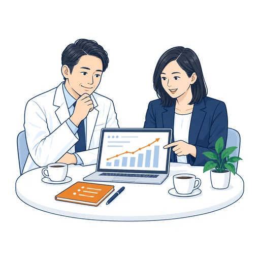 院長とMPHの担当者がノートPCを見ながら相談しているイラスト