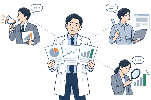 院長が、広告・制作・SEOの3社とそれぞれ別々にやり取りして困っているイラスト