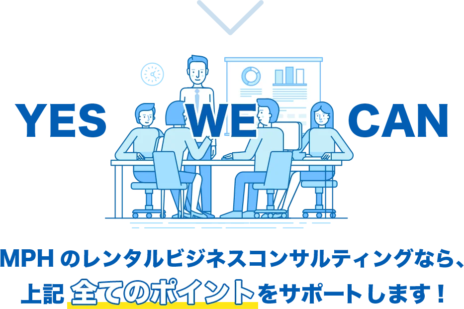 YES WE CAN  MPHのレンタルビジネスコンサルティングなら、上記全てのポイントをサポートします!