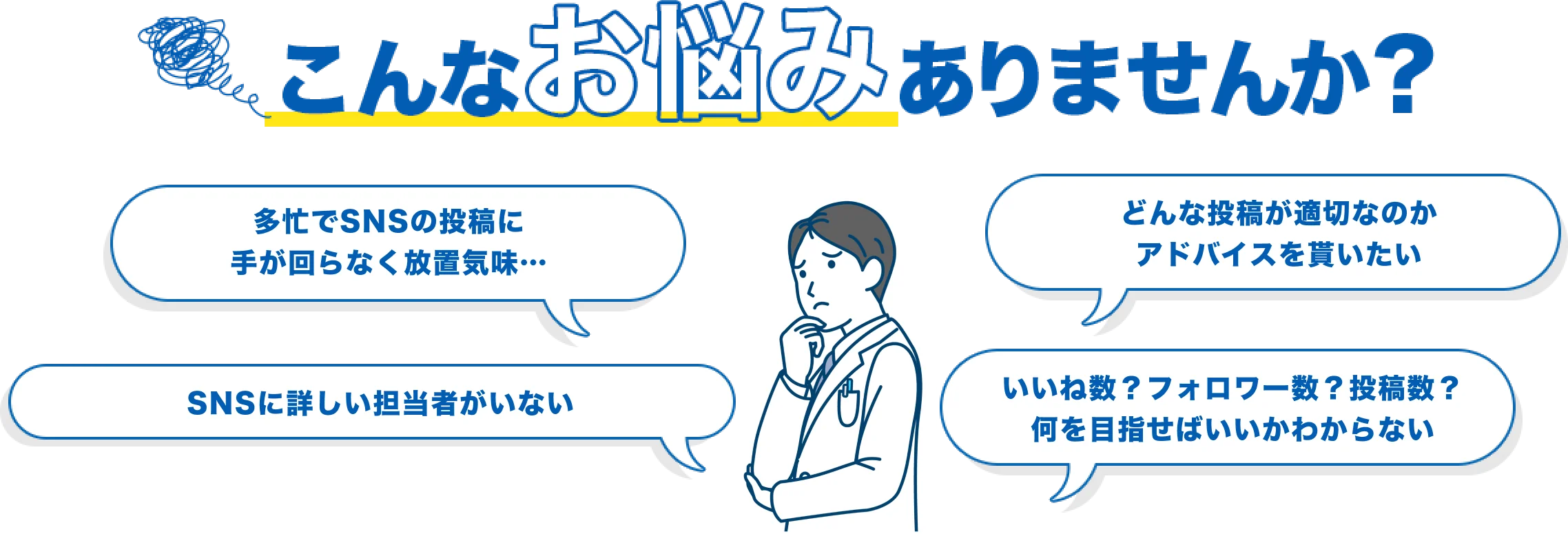 こんなお悩みにありませんか？ 多忙でSNSの投稿に手が回らなく放置気味… どんな投稿が適切なのかアドバイスを貰いたい　SNSに詳しい担当者がいない　いいね数？フォロワー数？投稿数？何を目指せばいいかわからない