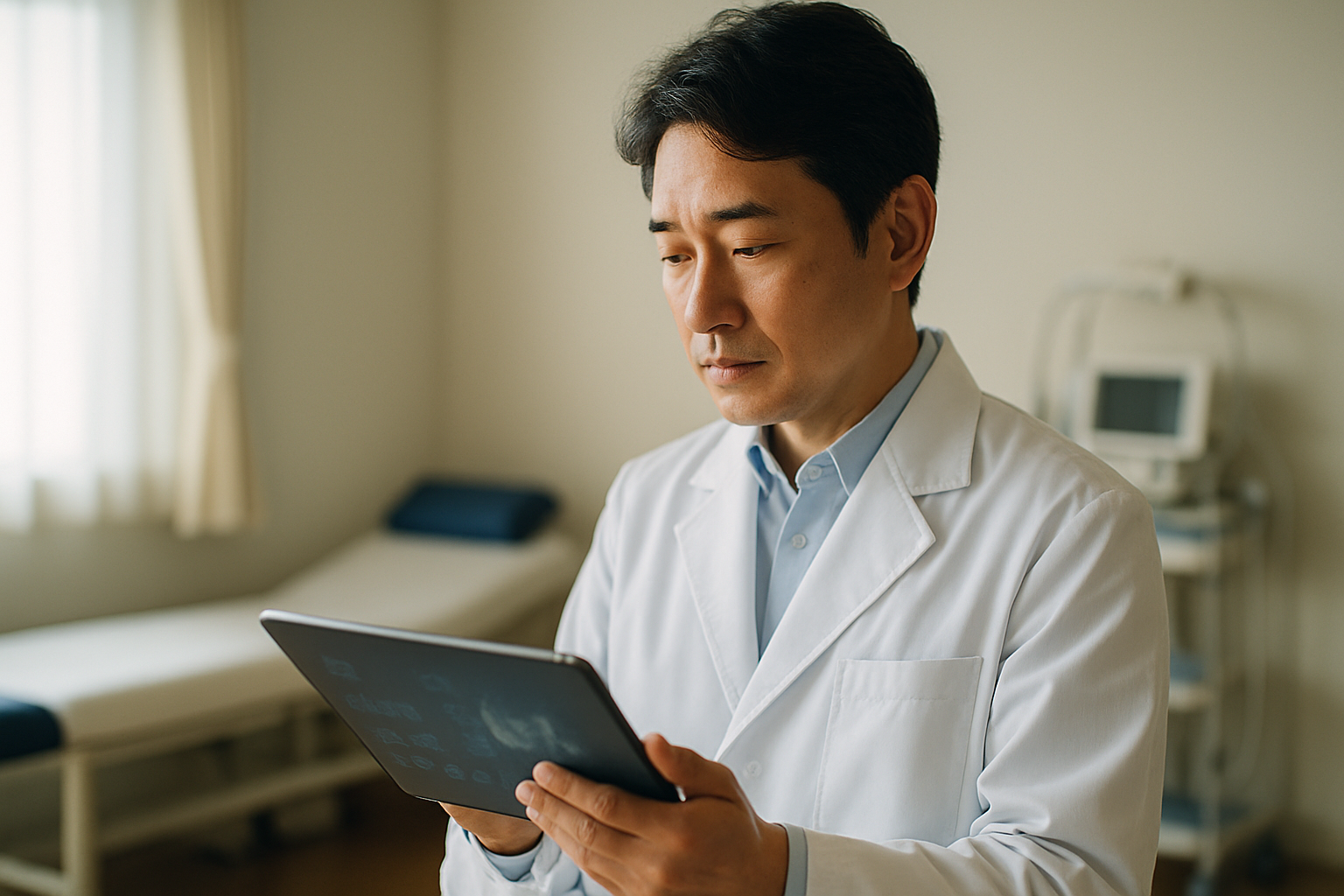 クリニック院長(40代男性・白衣)が診察室でタブレットを手に持ち、患者層・集患データを確認している写真