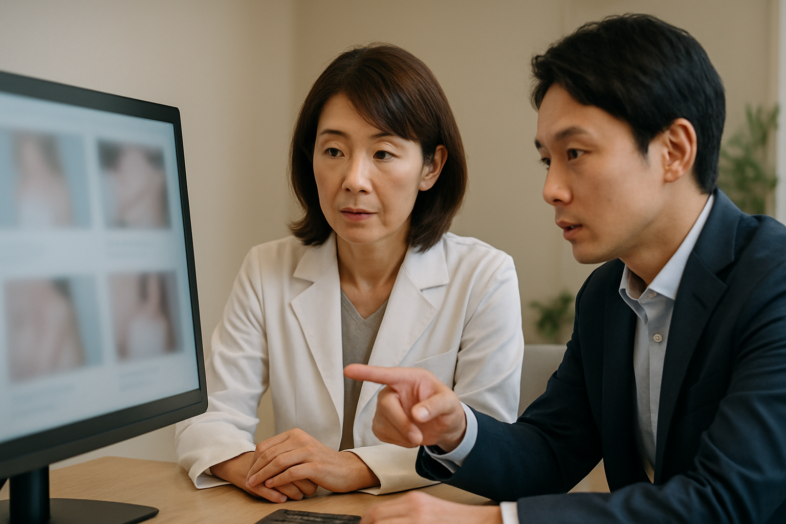 美容クリニック院長(40代女性・白衣)と広告審査担当(30代男性)が、PCモニターを見ながら広告クリエイティブの表現を確認している写真