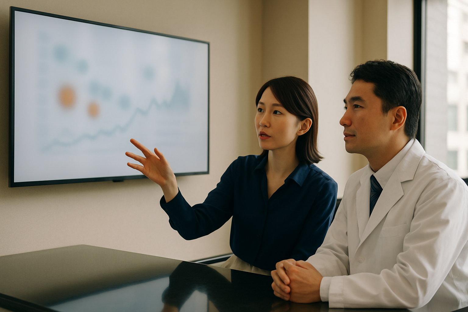 MPHのマーケティングコンサルタント(30代女性)とクリニック院長(40代男性・白衣)が、会議室の大型モニターを見ながら統合マーケティング戦略を議論している写真