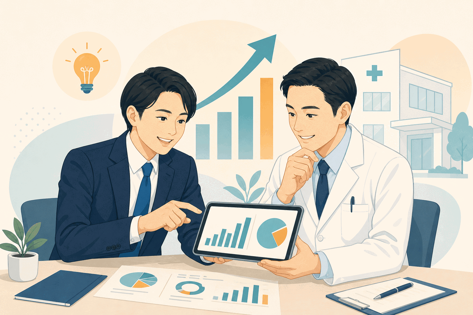 MPHのコンサルタントとクリニック医師が成長グラフを見ながら協働しているイラスト