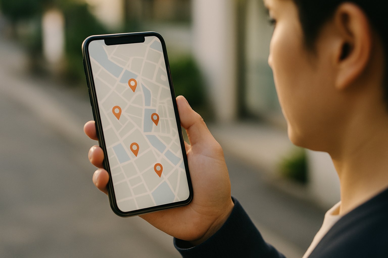 スマートフォンでGoogleマップを開きクリニックの位置を確認する人物のイメージ。ローカルパックがMEOの主戦場であることを示す