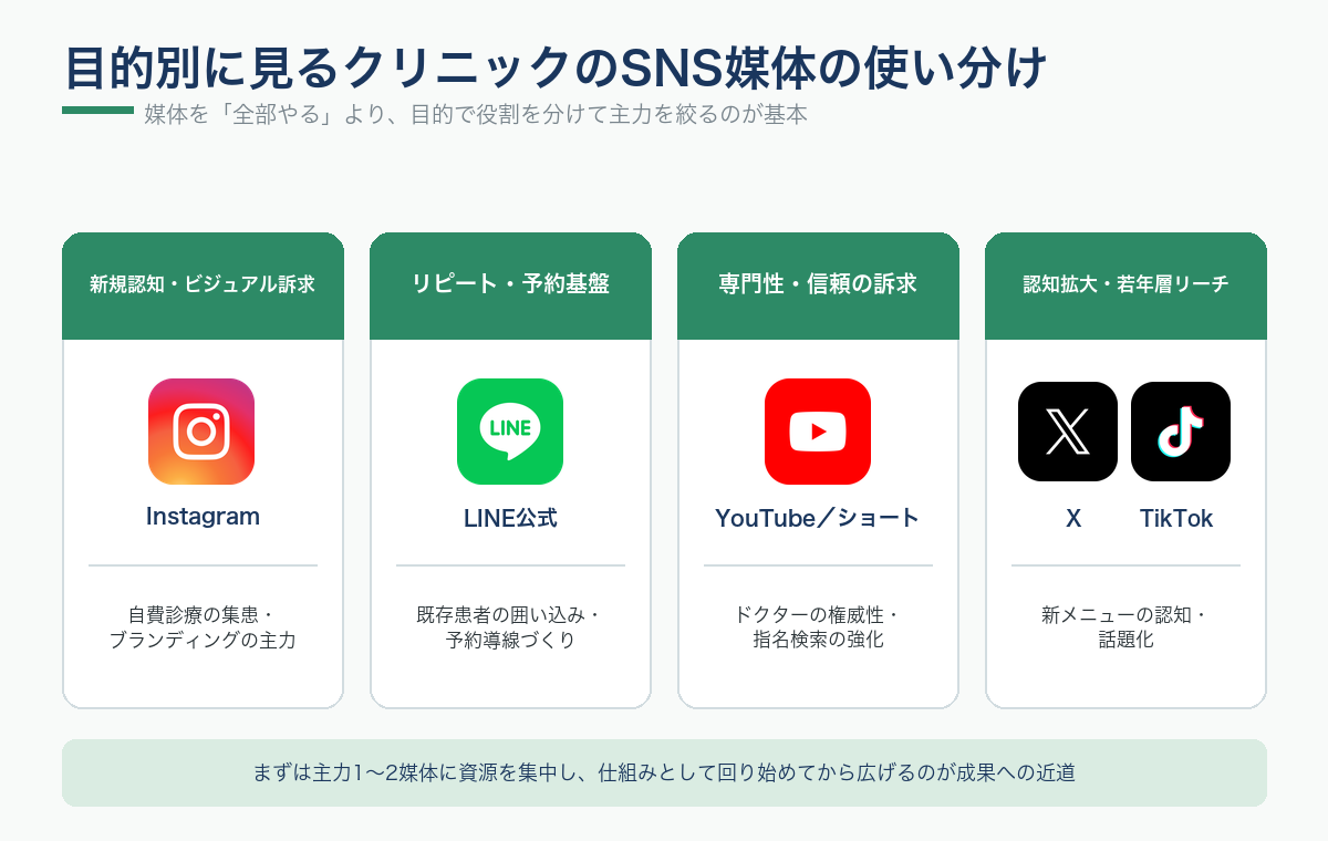 目的別に見るクリニックのSNS媒体の使い分け図解。Instagramは新規認知、LINE公式はリピート・予約基盤、YouTubeは専門性・信頼の訴求、X・TikTokは認知拡大・若年層リーチと、各SNSアイコンを役割別に分類した図