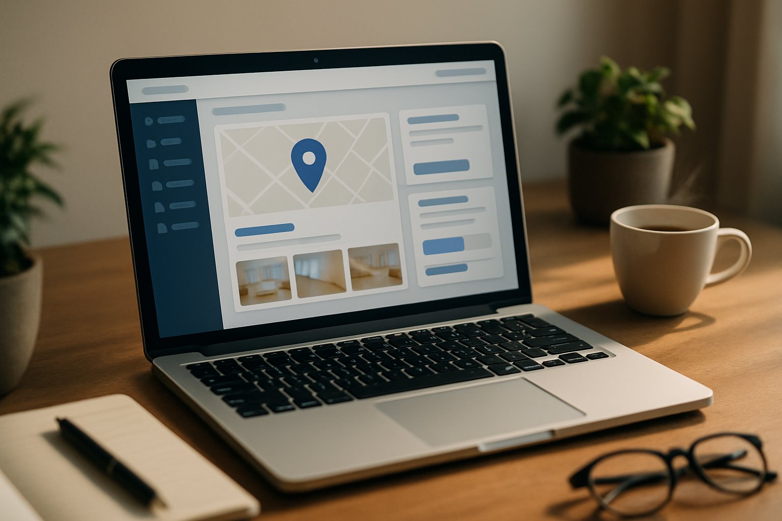 Googleビジネスプロフィール管理画面を操作するクリニック担当者のデスク。地図と店舗情報を編集する様子